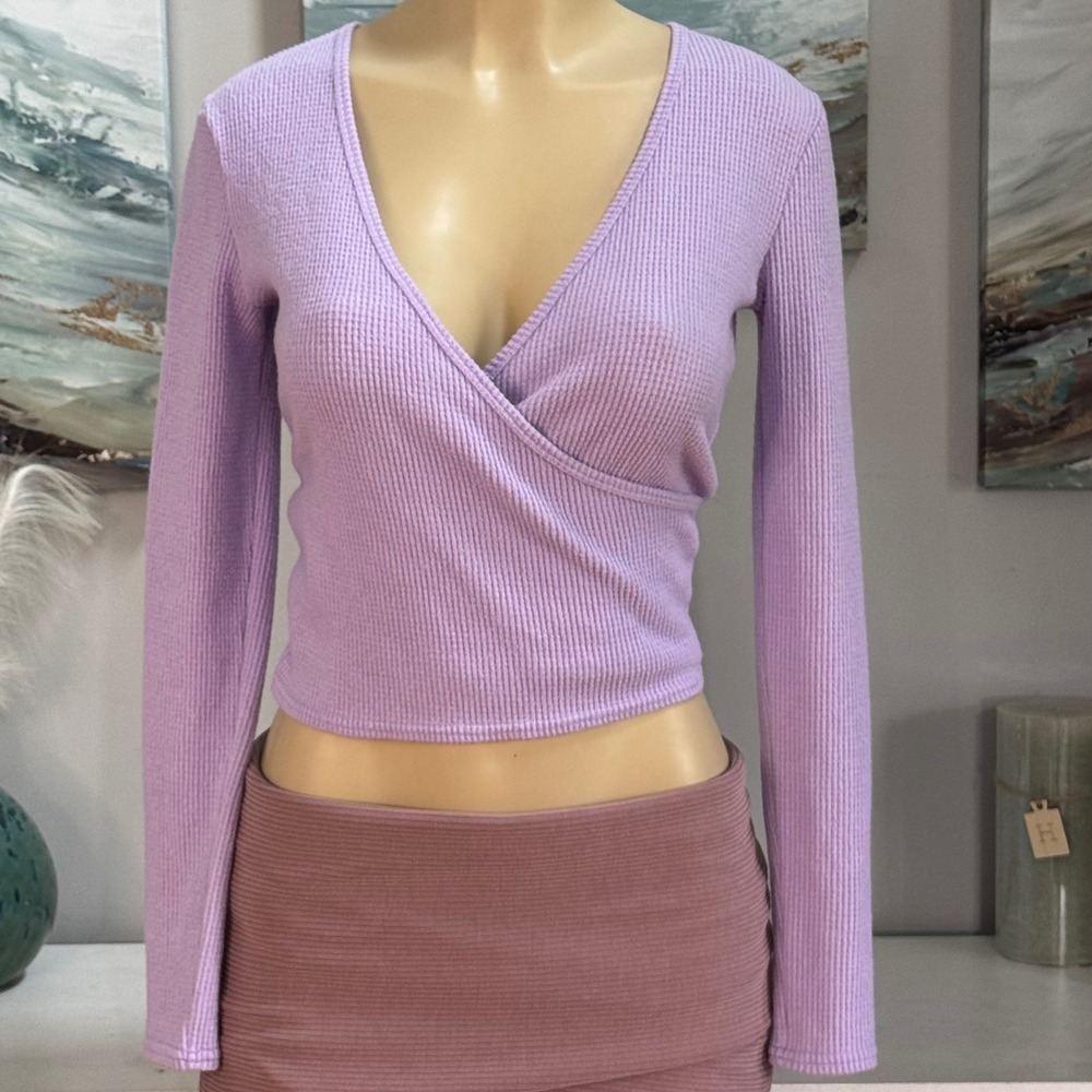 Aerie Lilac Ribbed Wrap Front Long Sleeve Crop Top XS